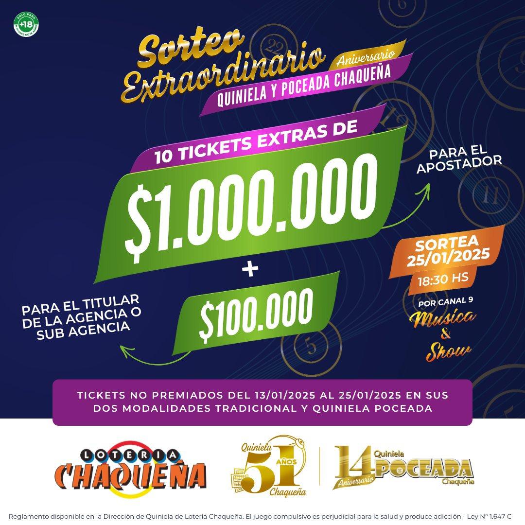 POR LOS 51 AÑOS DE LA QUINELA OFICIAL Y 14° DE LA POCEADA, LOTERÍA CHAQUEÑA SORTEARÁ MÁS DE 10 MILLONES DE PESOS