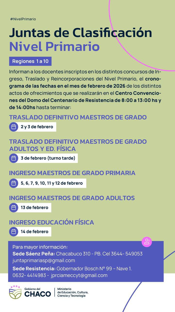 RECUERDAN CRONOGRAMA DE ACTOS DE OFRECIMIENTO DE CARGOS DE NIVEL PRIMARIO- FEBRERO 2026