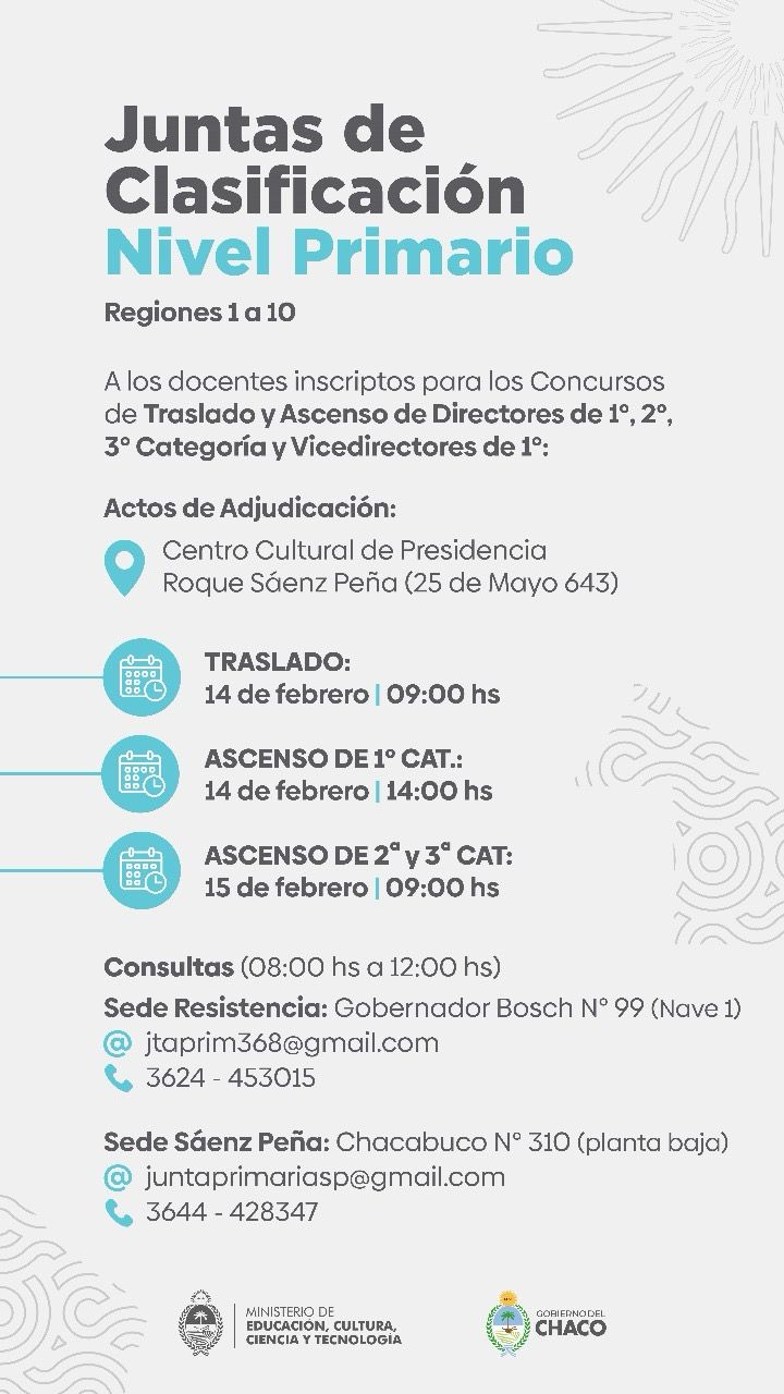CONCURSOS DE TRASLADO Y ASCENSO DE NIVEL PRIMARIO: YA ESTÁN LAS FECHAS PARA ACTOS DE ADJUDICACIÓN