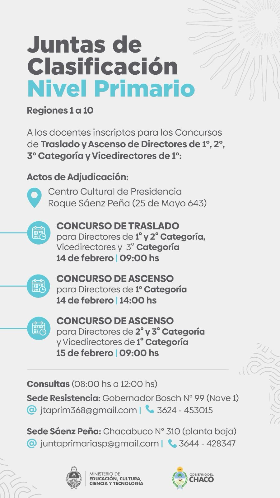 JUNTAS DE NIVEL PRIMARIO COMUNICAN FECHA Y HORARIO DE ACTOS DE ADJUDICACIÓN DE CONCURSOS DE ASCENSO Y TRASLADOS PARA DIRECTORES Y VICE