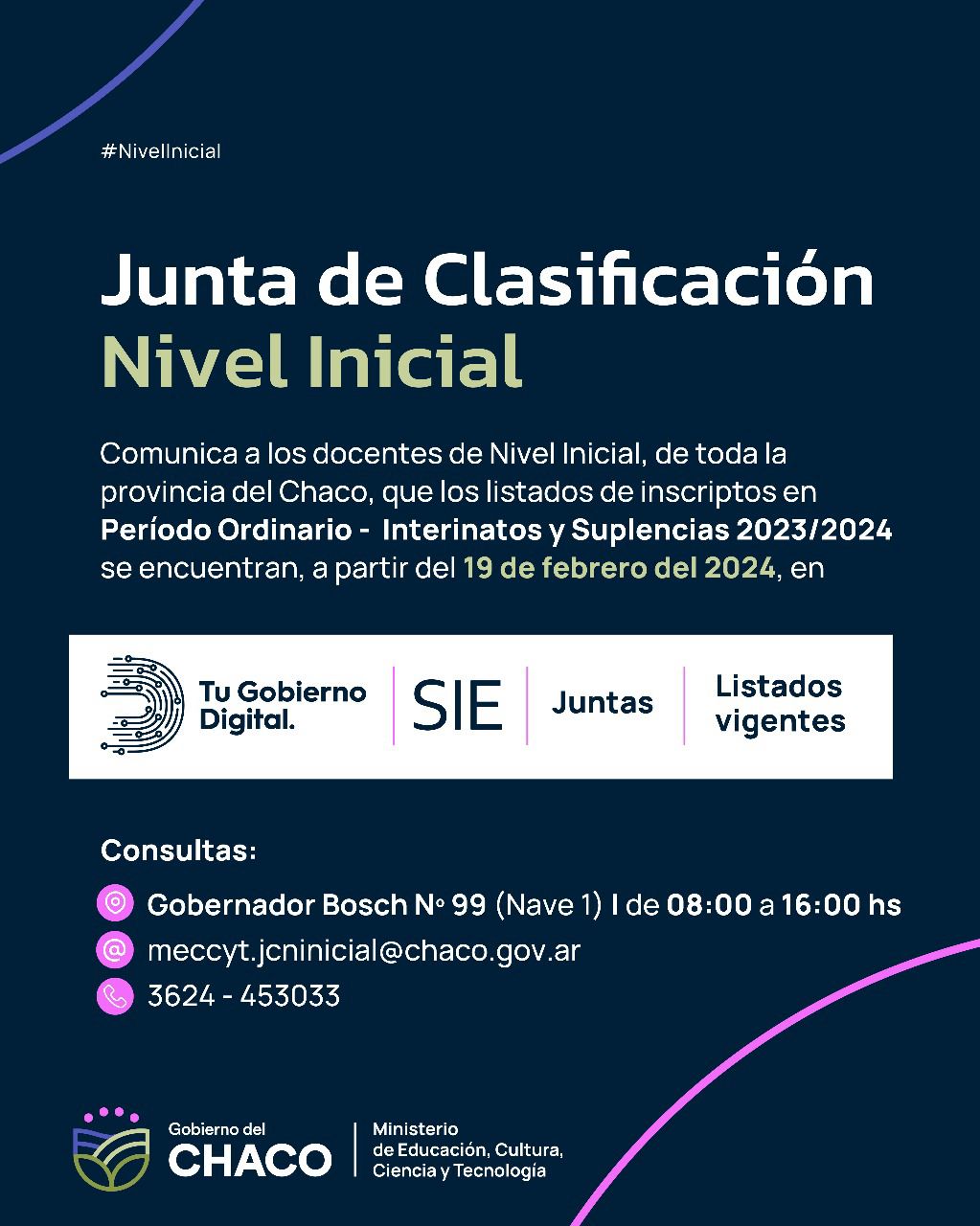 EDUCACIÓN: JUNTA DE NIVEL INICIAL COMUNICA QUE LISTAS DE INTERINATOS Y SUPLENCIAS SE ENCUENTRAN EN SIE