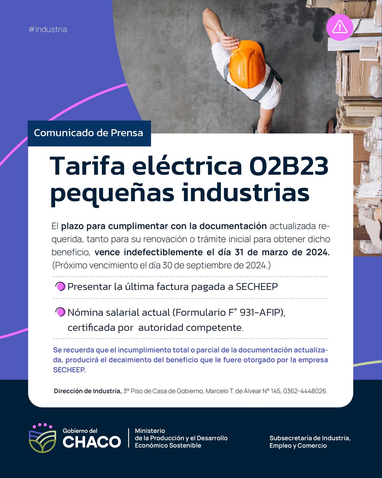 TARIFA ELÉCTRICA A PEQUEÑAS INDUSTRIAS: VENCE EL PLAZO PARA CUMPLIMENTAR LA DOCUMENTACIÓN 