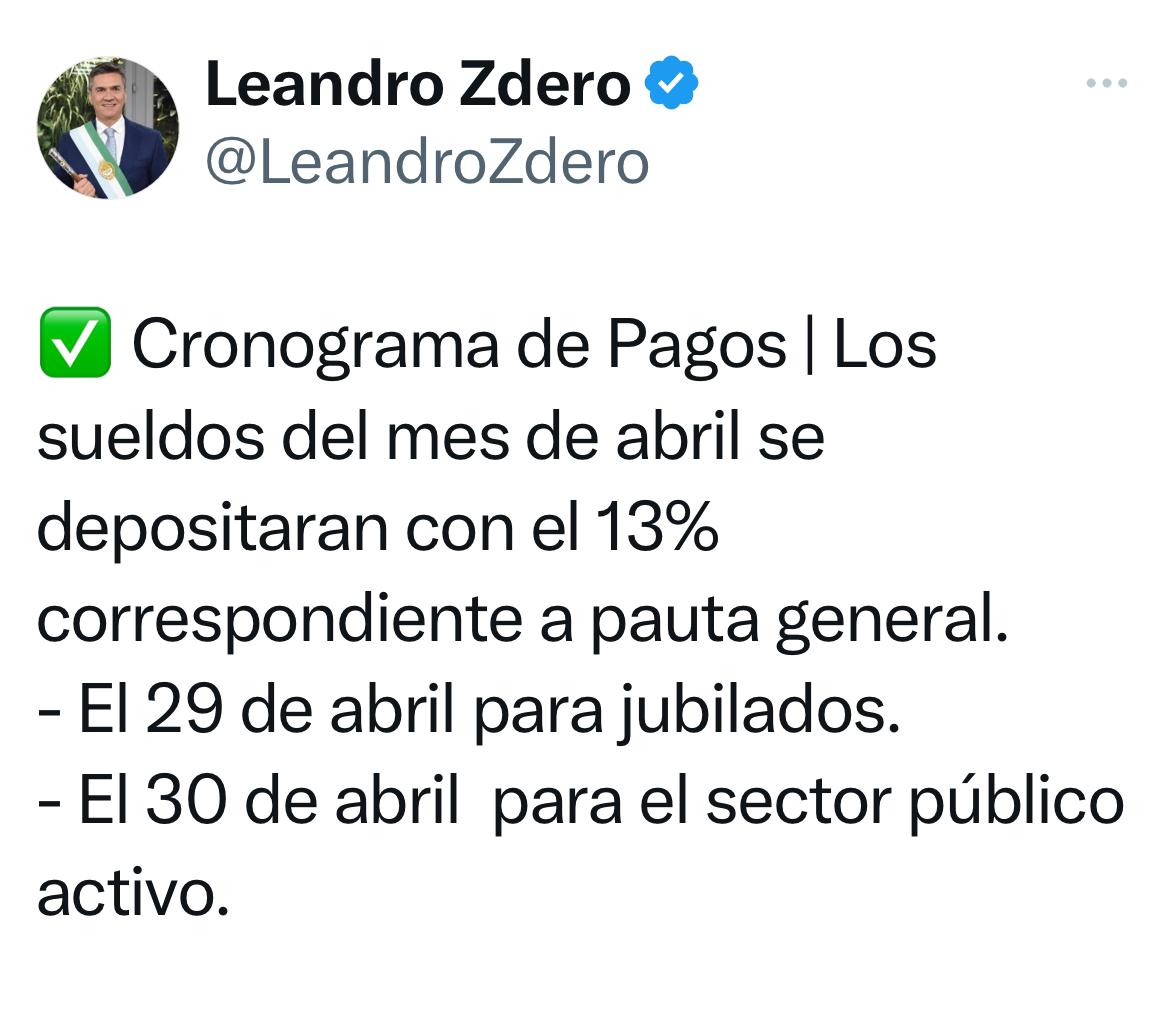 EL GOBERNADOR ANUNCIÓ EL PAGO DE SUELDOS DE ABRIL