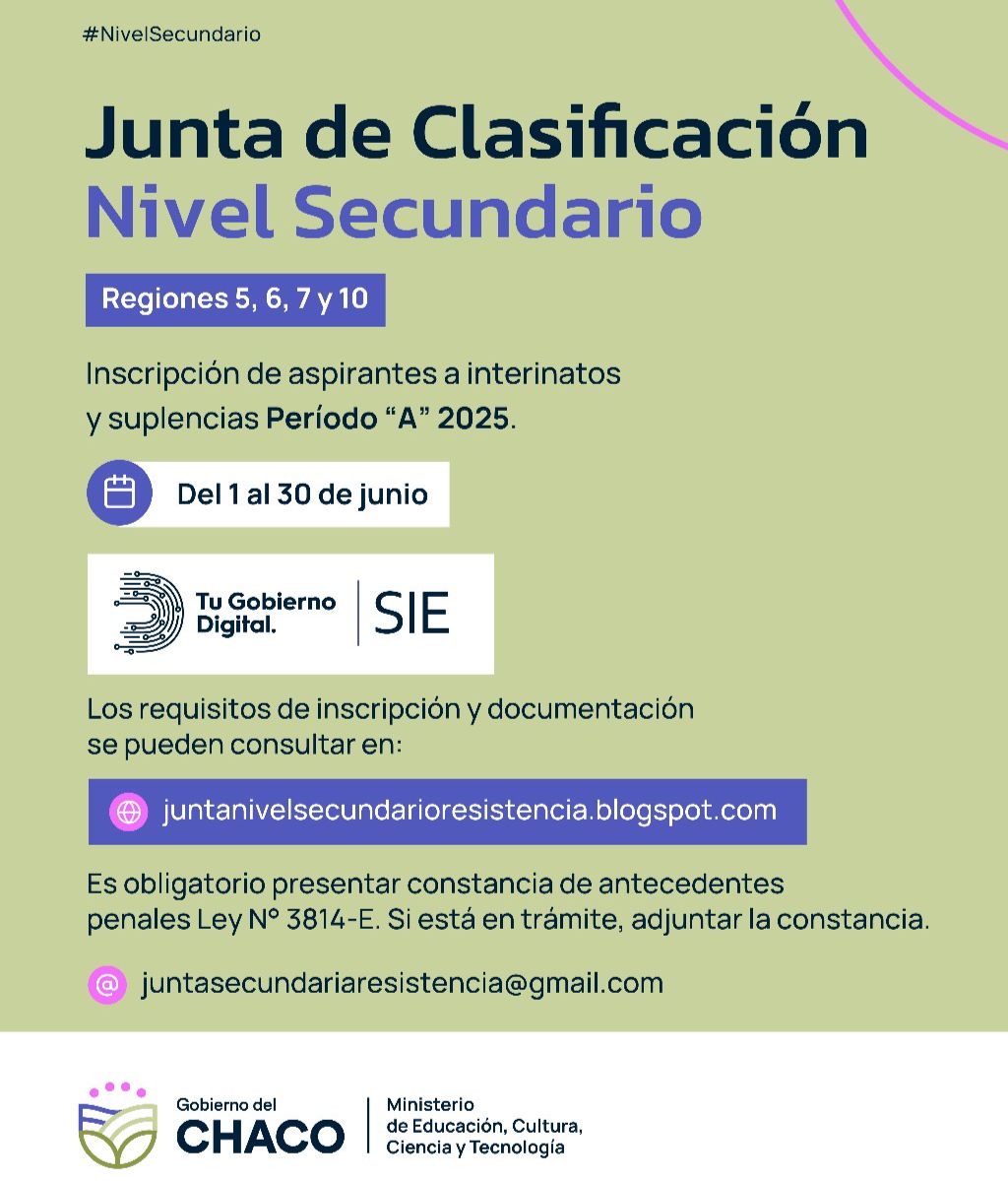 JUNTA DE CLASIFICACIÓN DE NIVEL SECUNDARIO: EN JUNIO ABRE INSCRIPCIÓN PARA INTERINATOS Y SUPLENCIAS 2025