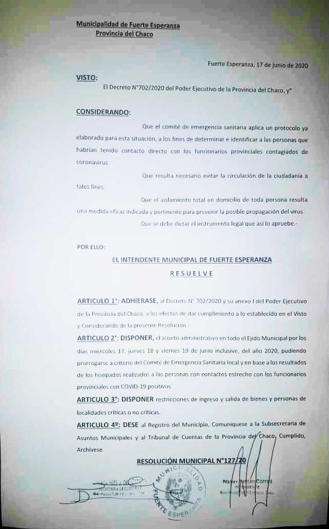 Fuerte Esperanza: Resolución Municipal 127/20 del 17 de Junio 