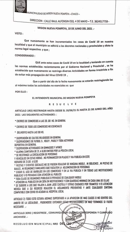 Nuevas Restricciones en la localidad de Misión Nueva Pompeya