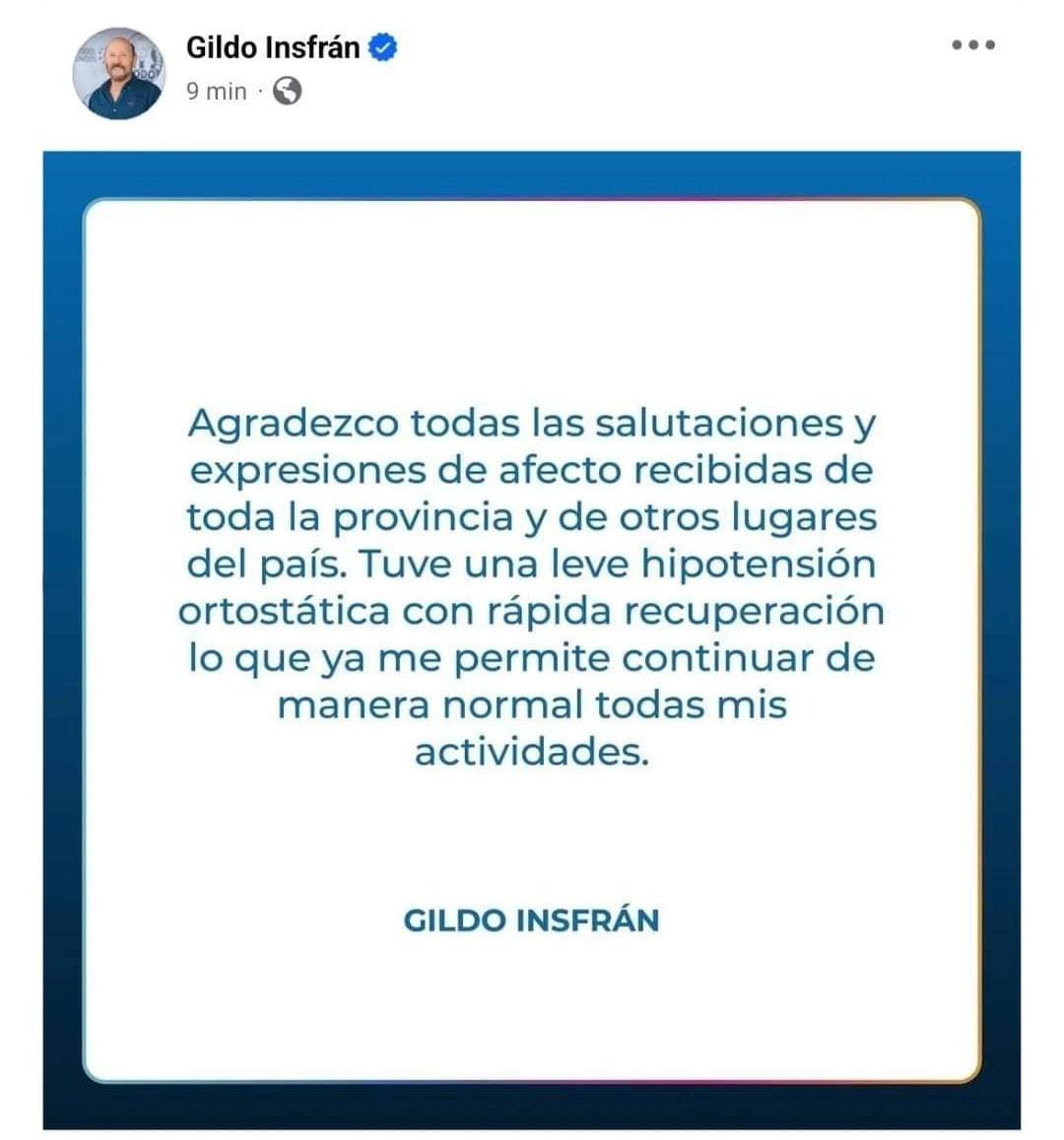 Gildo Insfrán se recupera tras descompensación en acto oficial.