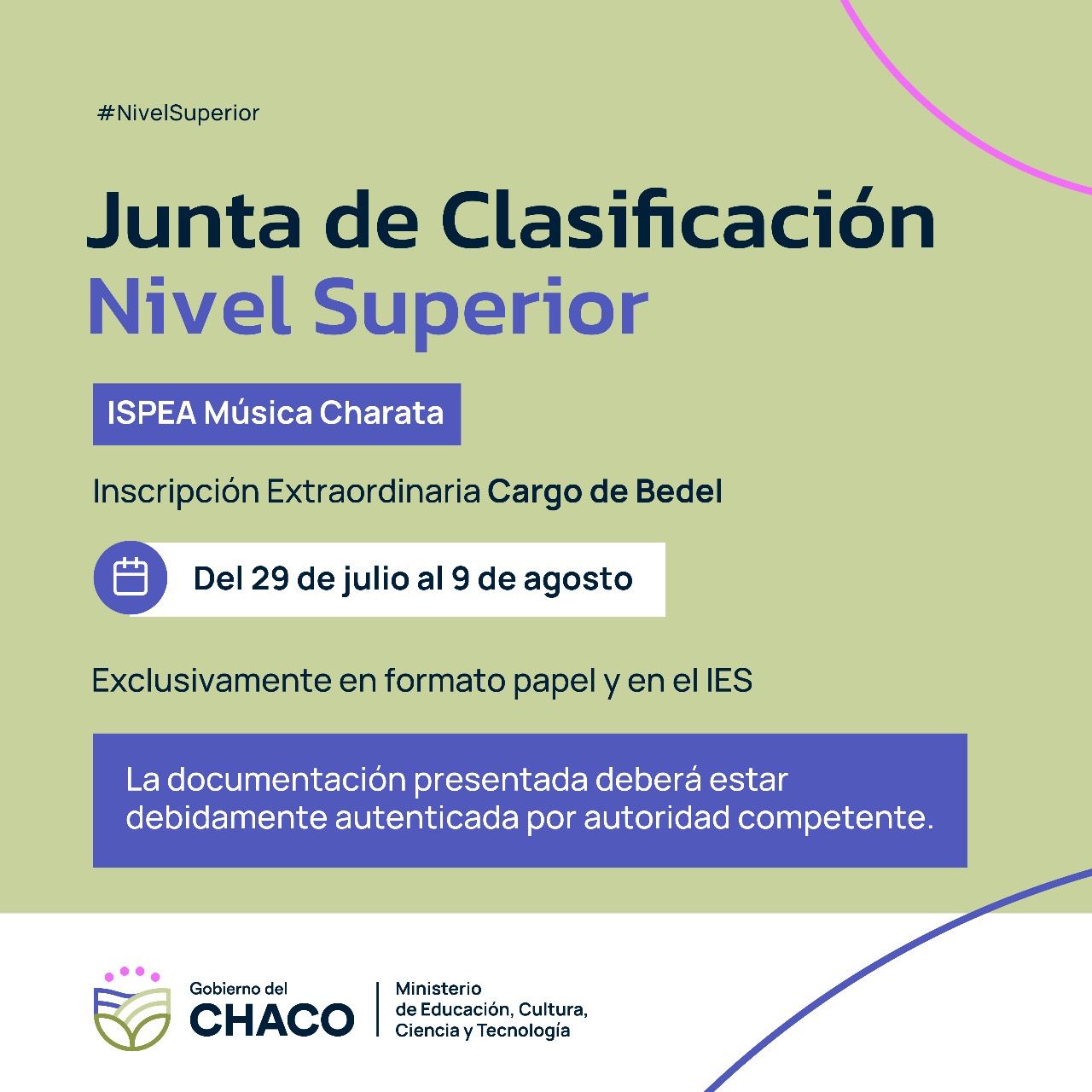 ISPEA MÚSICA CHARATA: ABRE INSCRIPCIÓN PARA EL CARGO DE BEDEL 