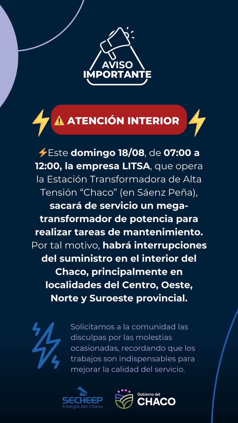 EL DOMINGO HABRÁ INTERRUPCIONES DEL SERVICIO ELÉCTRICO POR TRABAJOS DE LA EMPRESA LITSA