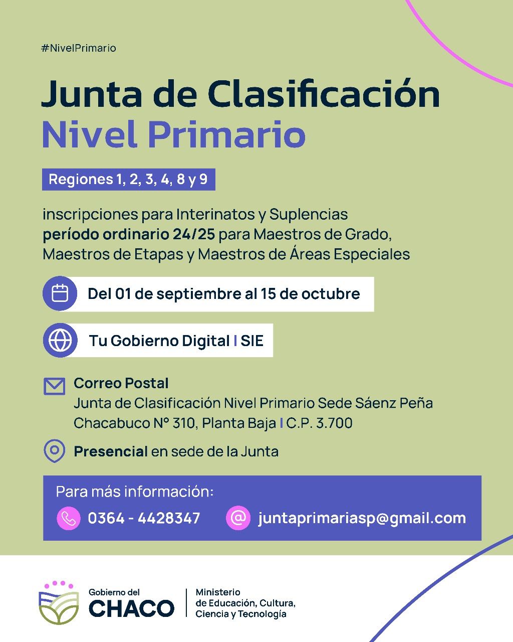 JUNTA DE CLASIFICACIÓN NIVEL PRIMARIO, SEDE SÁENZ PEÑA: ABRE INSCRIPCIÓN A INTERINATOS Y SUPLENCIAS