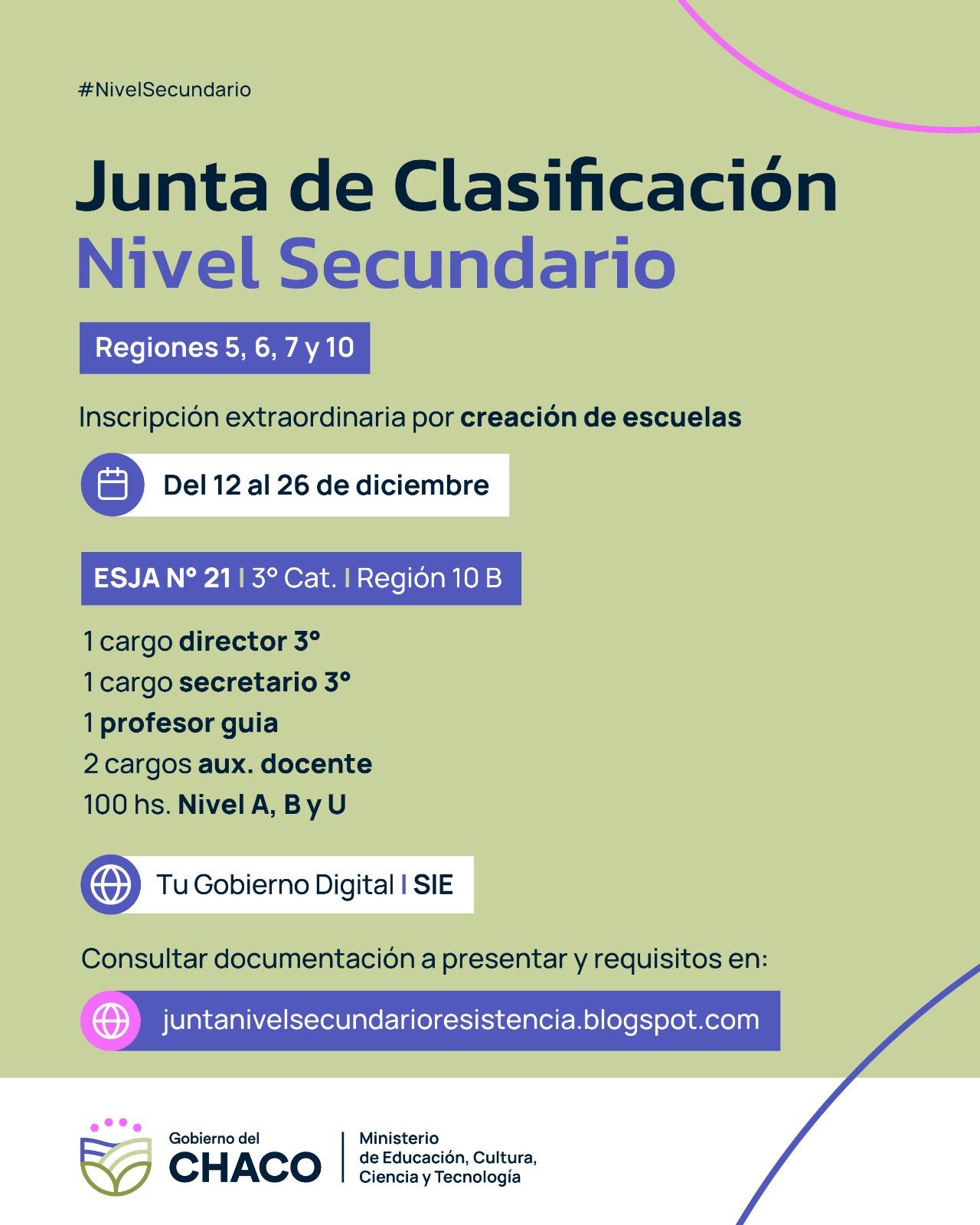 JUNTA DE CLASIFICACIÓN NIVEL SECUNDARIO: ABRE INSCRIPCIÓN EXTRAORDINARIA POR CREACIÓN DE ESCUELAS