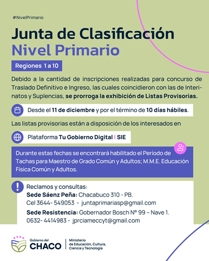 NIVEL PRIMARIO: SE PRORROGA LA EXHIBICIÓN DE LISTAS PROVISORIAS DE TRASLADO E INGRESO