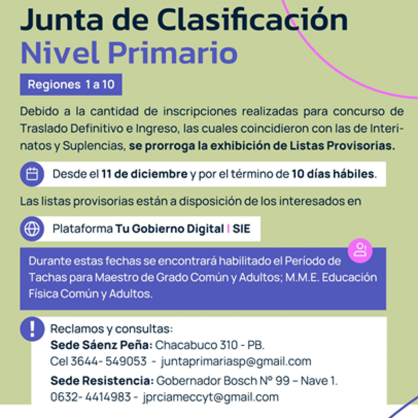 NIVEL PRIMARIO: SE PRORROGA LA EXHIBICIÓN DE LISTAS PROVISORIAS DE TRASLADO E INGRESO