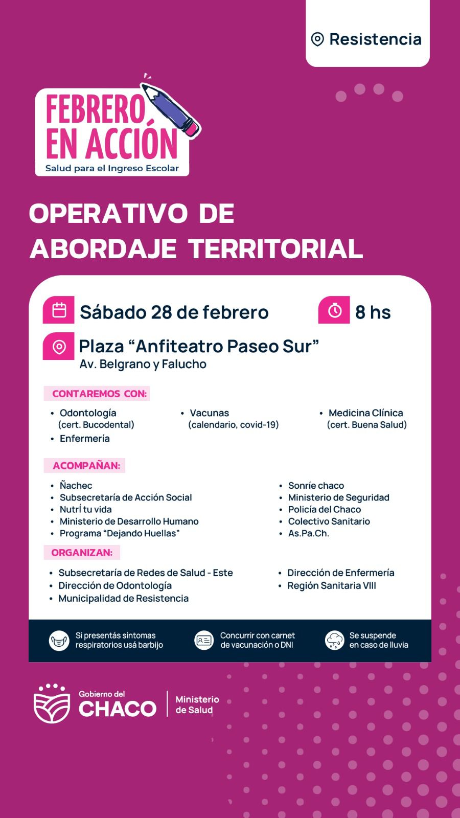 RESISTENCIA: ESTE SÁBADO SE REALIZARÁ UN NUEVO OPERATIVO INTEGRAL DE SALUD EN EL PASEO SUR