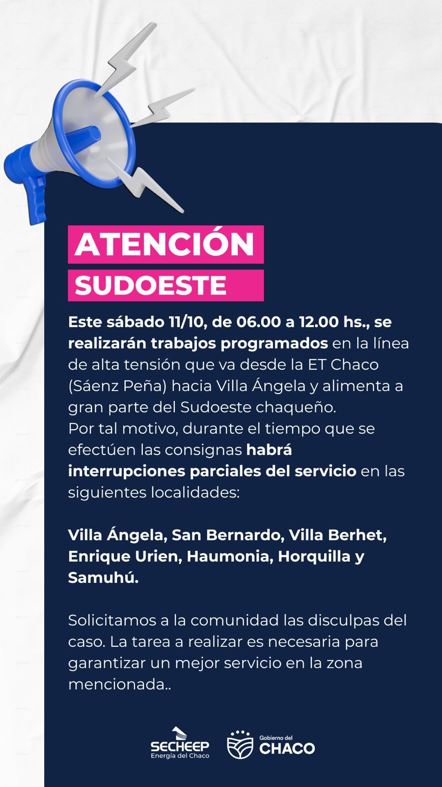 TRABAJOS PROGRAMADOS DE SECHEEP EN EL SUDOESTE